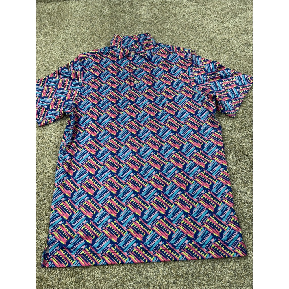 USA Palm Mens Geometric Abstract Print Golf Polo Blue Pink Yellow Small #0774